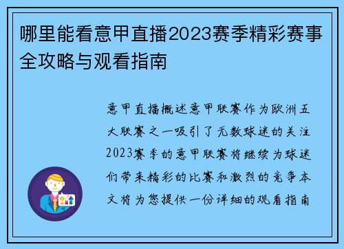哪里能看意甲直播2023赛季精彩赛事全攻略与观看指南